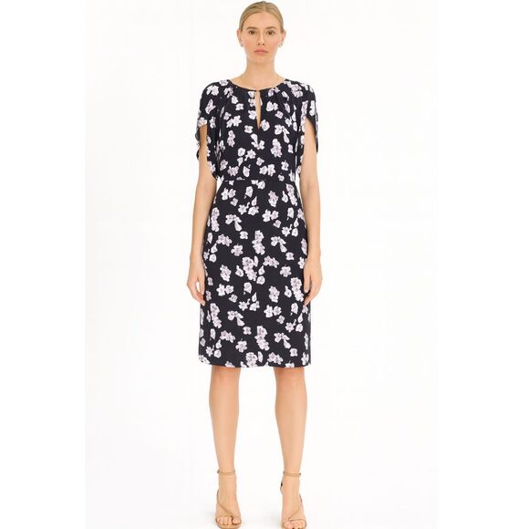 Lewit Darota Floral Silk Dress 14 Navy White Split Sleeve NWT - Picture 1 of 7